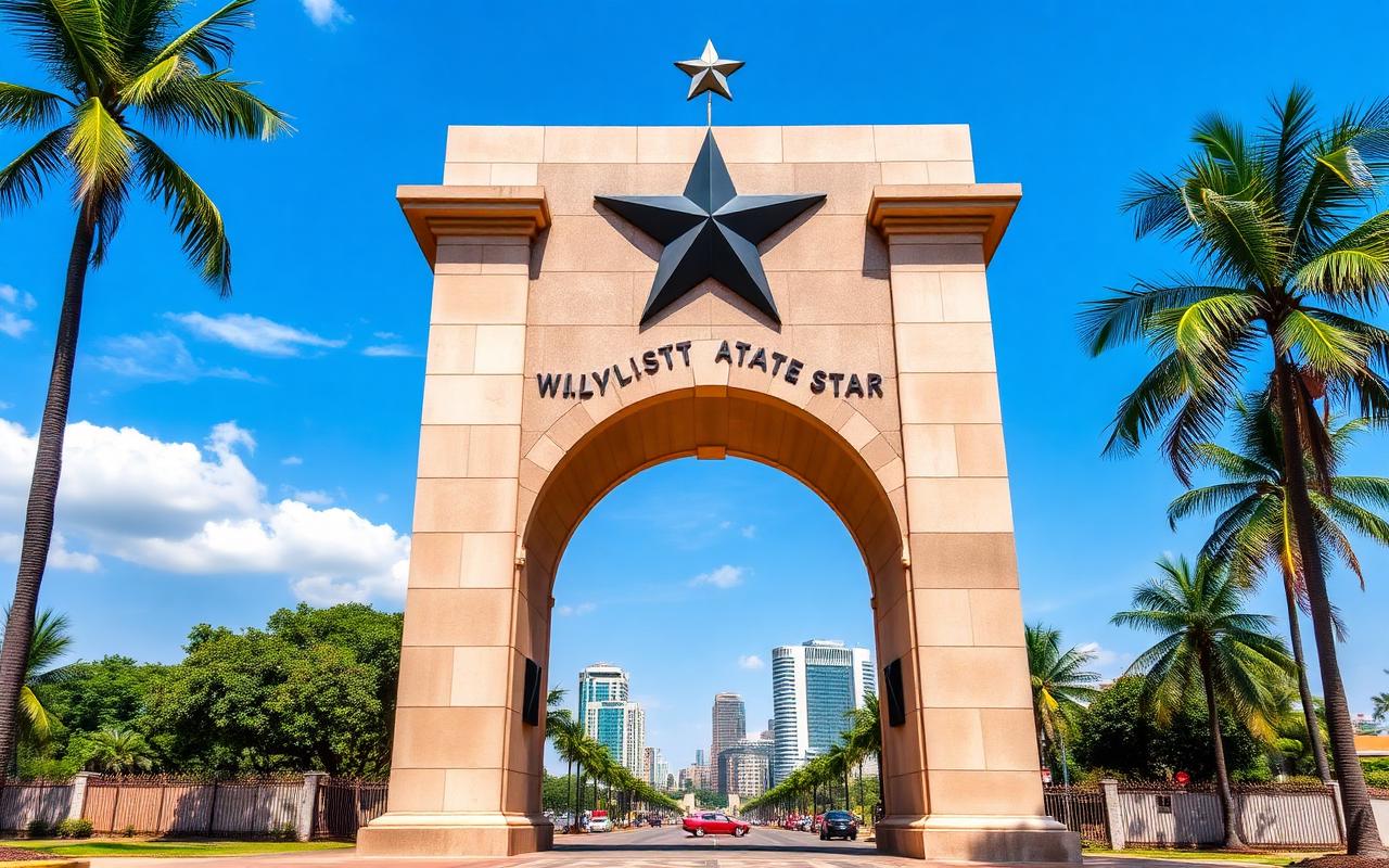 Independence Arch in Accra, Ghana with the city skyline behind